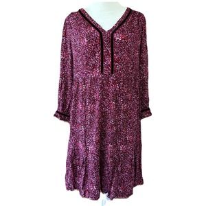 J. Jill Berry Pink Floral Dress Women's S Boho Flounced Hem Velvet‎ Trim NWT